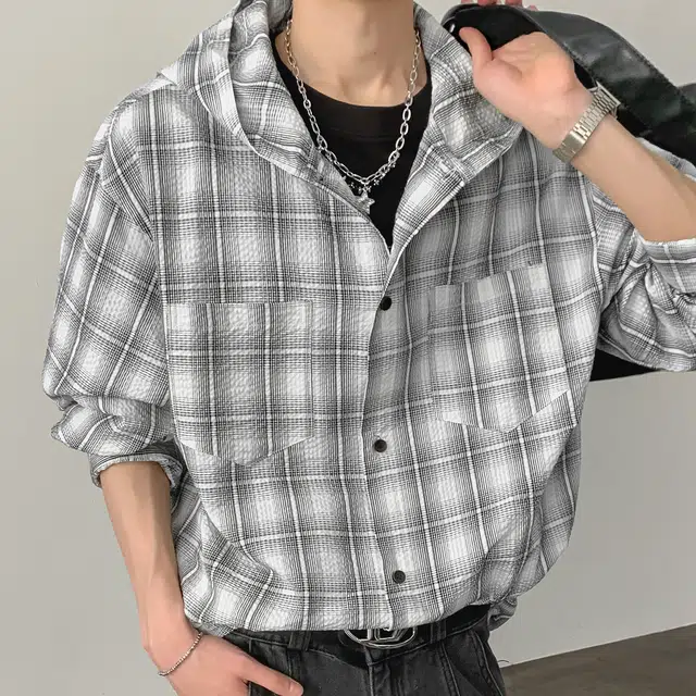 左岸 港风潮流百搭春秋连帽格子开衫上衣休闲宽松舒适衬衣潮牌老钱风衬衫 男款