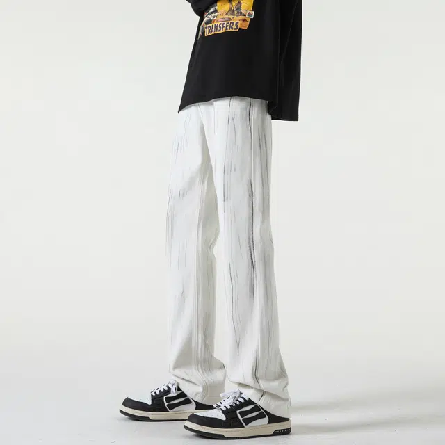 左岸 美式高街男士直筒秋冬喷墨休闲裤显瘦显腿长青少年百搭宽松舒适小众学院风港风潮牌牛仔裤 男款