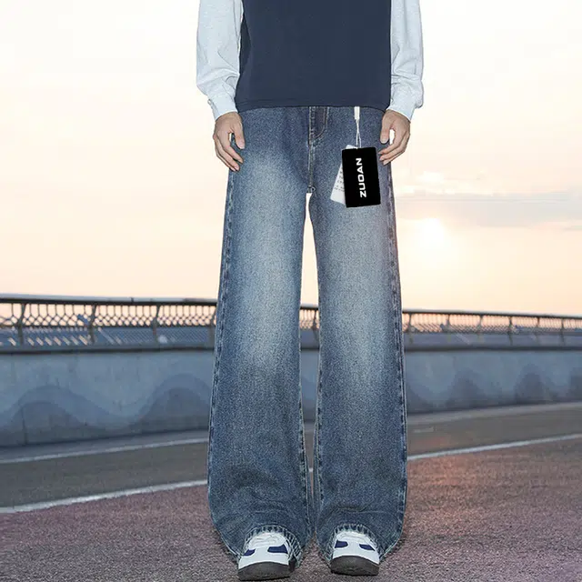 左岸 美式高街复古潮牌简约宽松阔腿百搭舒适纯色废土风基础款韩系小众学院风牛仔裤 男女同款