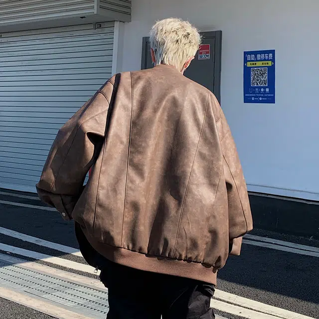左岸 美式复古高街时尚潮牌百搭扎染印花拉链开衫棒球领上衣休闲宽松舒适春秋季防风夹克外套皮衣 男款
