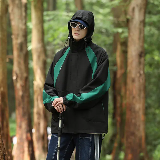 左岸 美式潮牌百搭撞色拼接带帽开衫上衣宽松休闲舒适山系户外防风工装风冲锋外套夹克 男款