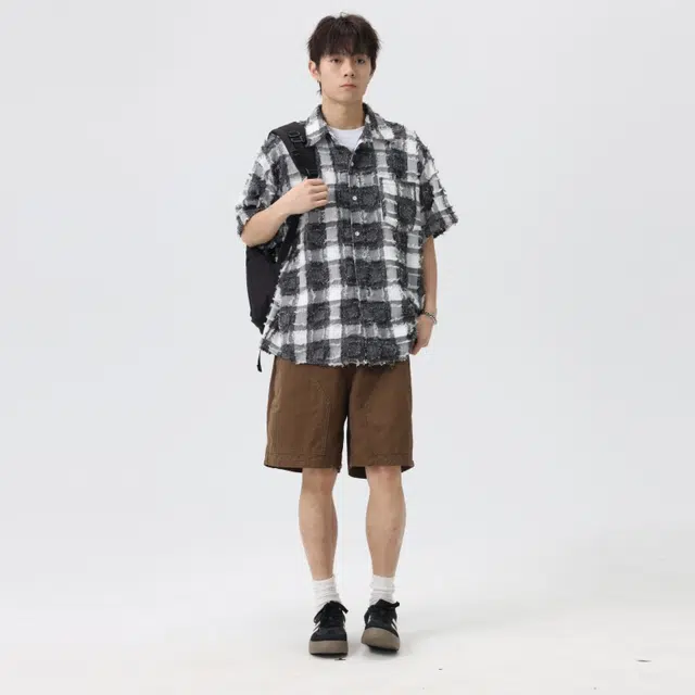 左岸 港风格子衬衣男时尚宽松休闲夏威夷度假风短袖上衣衬衫 男款