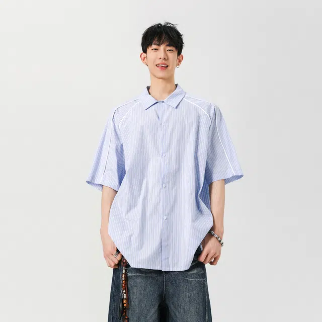 左岸 条纹宽松休闲短袖衬衫 男款