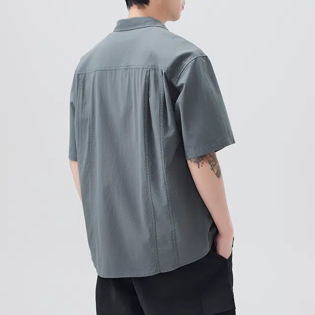 左岸 港风青少年感夏季纯棉透气短袖衬衣翻领纯色简约高级感休闲宽松潮牌半袖上衣衬衫 男款
