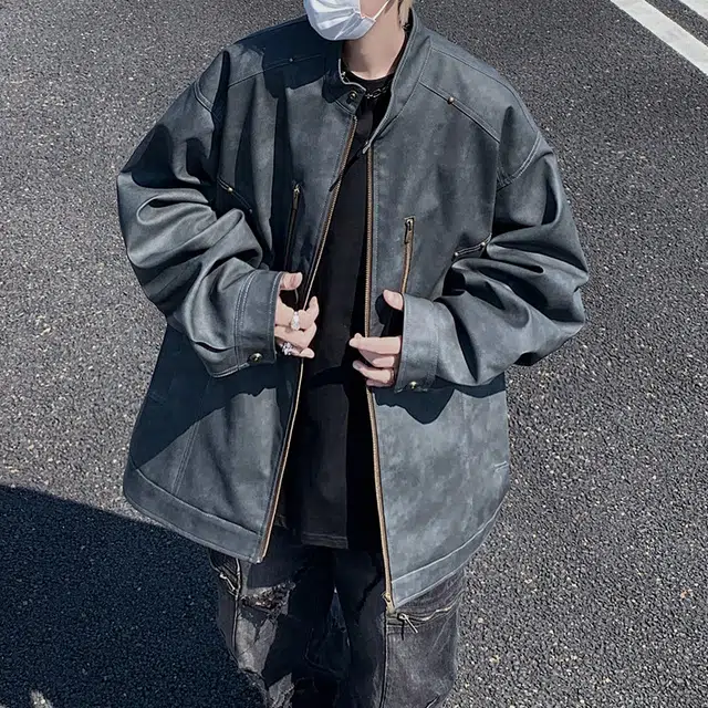 左岸 美式复古高街铆钉时尚潮牌百搭拉链开衫立领上衣休闲宽松舒适春秋季防风夹克外套皮衣 男款