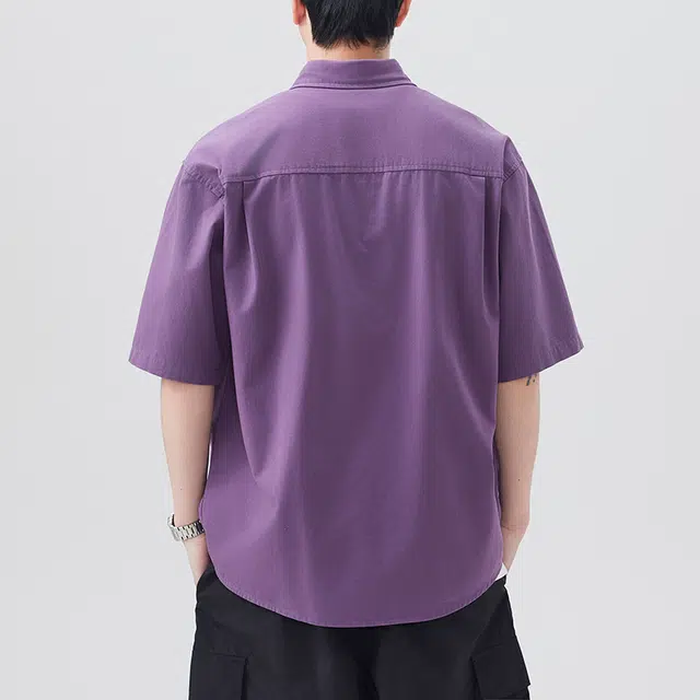 左岸 港风青少年感夏季纯棉透气短袖衬衣翻领纯色简约高级感休闲宽松潮牌半袖痞帅上衣衬衫 男款