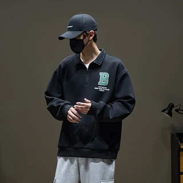 左岸 春秋青少年港风时尚潮牌休闲宽松简约长袖半拉链翻领上衣百搭帅气穿搭舒适加肥加大码字母印花卫衣 男款