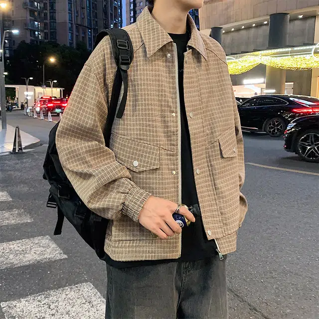 左岸 春秋季港风时尚潮牌条纹格子百搭开衫翻领上衣加肥加大码休闲宽松舒适防风外套夹克 男款