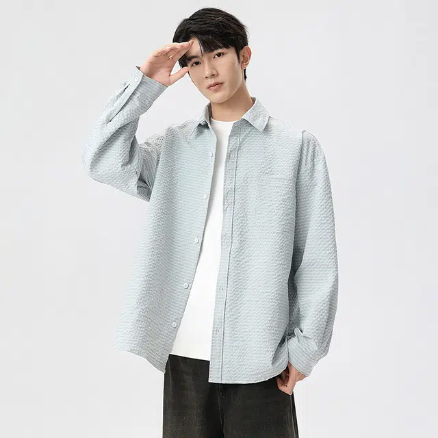 左岸 港风潮流百搭春秋翻领开衫纯色上衣休闲宽松舒适透气衬衣潮牌肌理感泡泡格子衬衫 男女同款