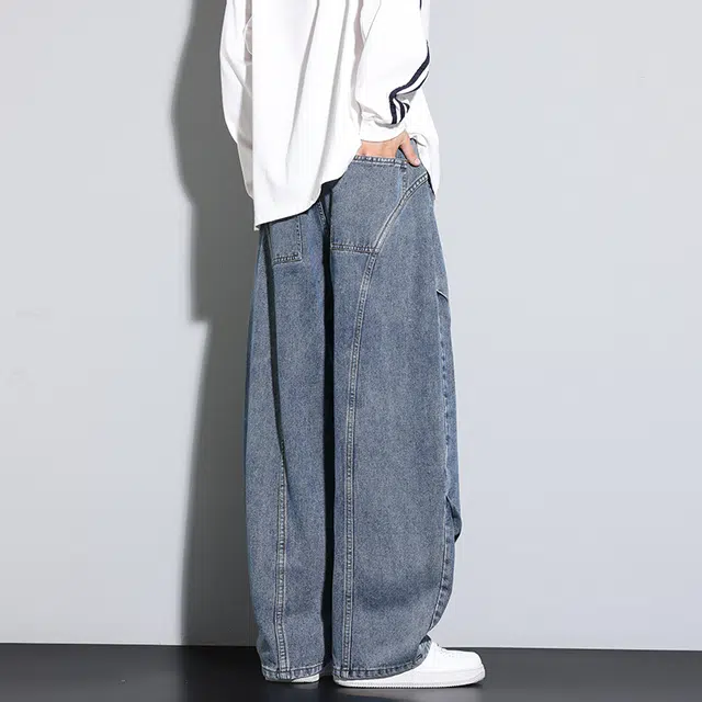 左岸 美式高街复古时尚潮流宽松加肥加大码舒适直筒显高显瘦长裤休闲阔腿裤设计感压褶牛仔裤 男款