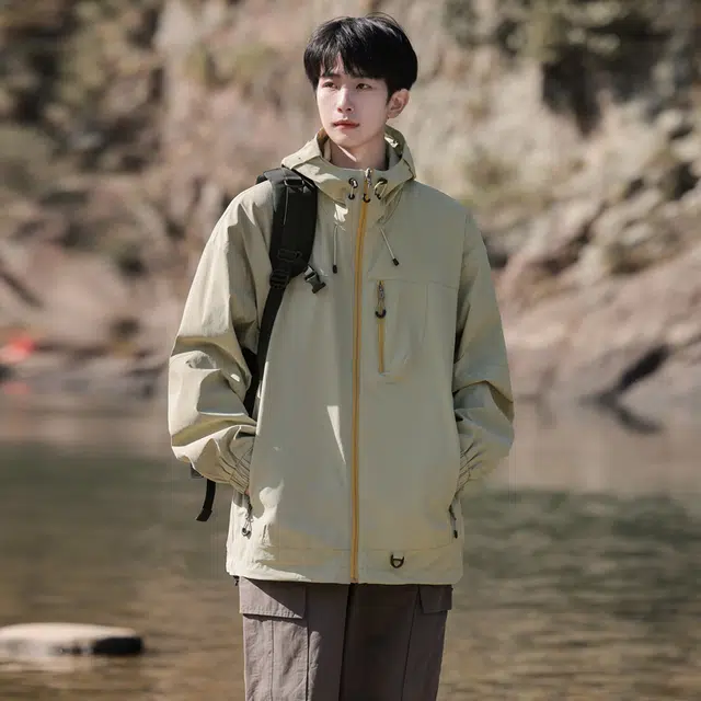 左岸 美式潮牌撞色拼接反光开衫带帽工装上衣宽松休闲舒适山系户外防水防风冲锋外套夹克 男款