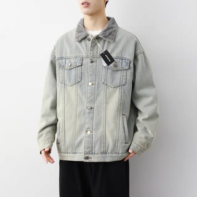 左岸 加绒加厚青少年美式复工毛领翻领工装风上衣港风时尚潮牌百搭休闲宽松防风保暖秋冬棉袄夹克牛仔外套 男款