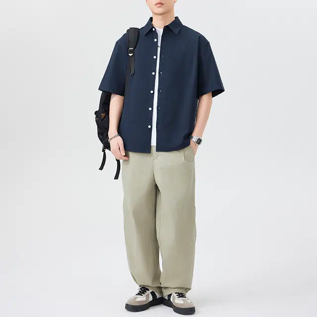 左岸 夏季轻薄纯棉透气短袖衬衣日系复古翻领纯色简约休闲上衣衬衫 男款