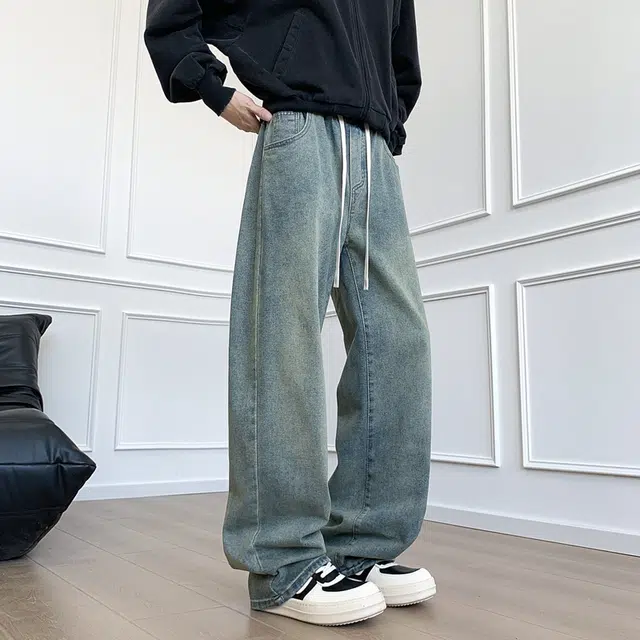 左岸 美式复古水洗长裤男春秋季宽松直筒休闲百搭阔腿裤牛仔裤 男女同款