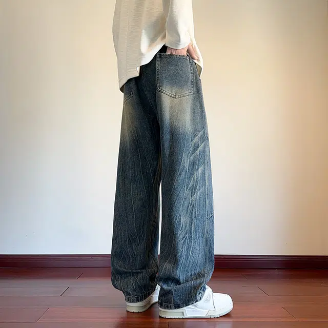 左岸 春秋季青少年美式复古水洗做旧时尚潮流宽松舒适休闲直筒阔腿裤显高显瘦长裤牛仔裤 男款