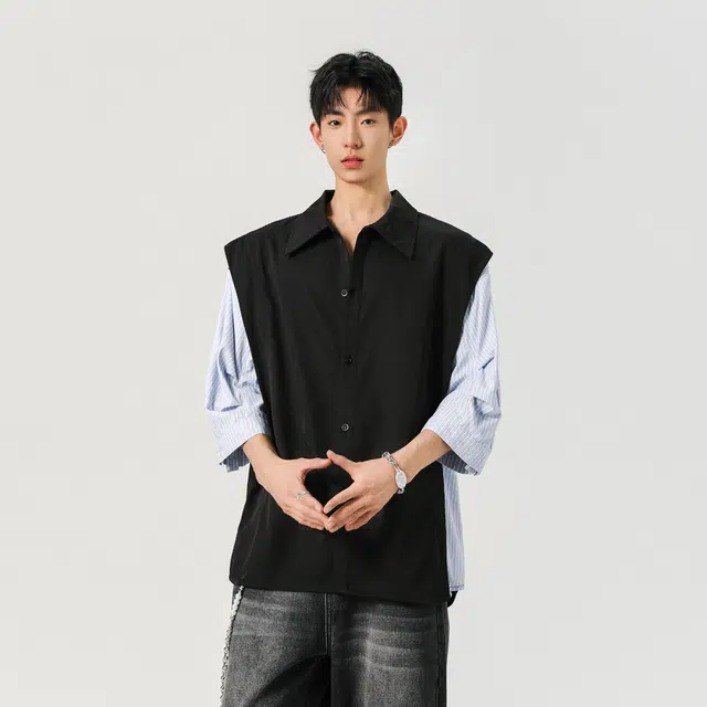 左岸 七分袖青少年夏季拼接假两件短袖衬衣薄款港风休闲上衣衬衫 男款