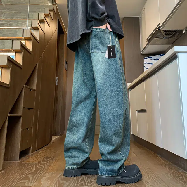 左岸 弯刀裤男春秋冬季加绒加厚长裤青少年宽松直筒阔腿裤美式复古拼接牛仔裤 男款