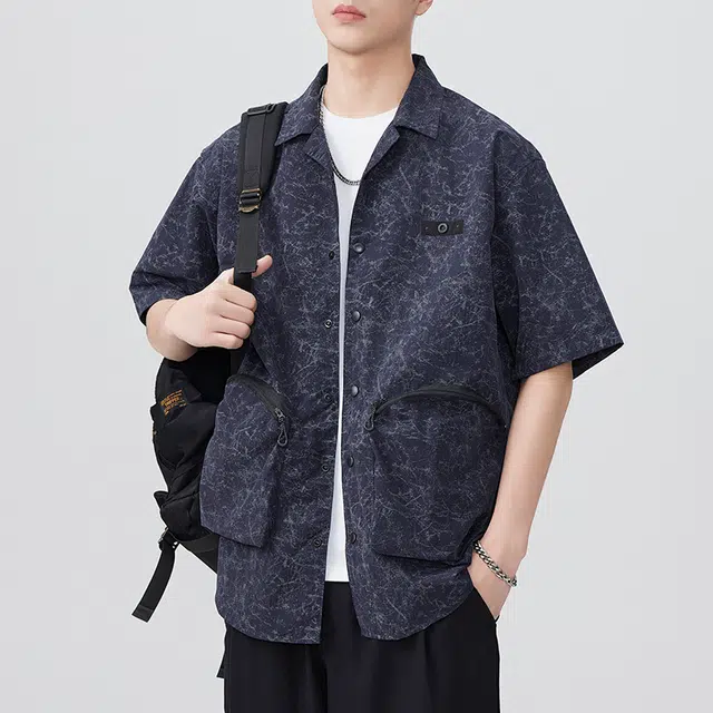 左岸 港风青少年感夏季透气短袖衬衣翻领拼色高级感休闲宽松潮牌半袖工装风痞帅上衣衬衫 男款