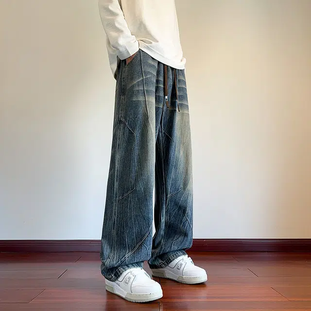 左岸 春秋季青少年美式复古水洗做旧时尚潮流宽松舒适休闲直筒阔腿裤显高显瘦长裤牛仔裤 男款