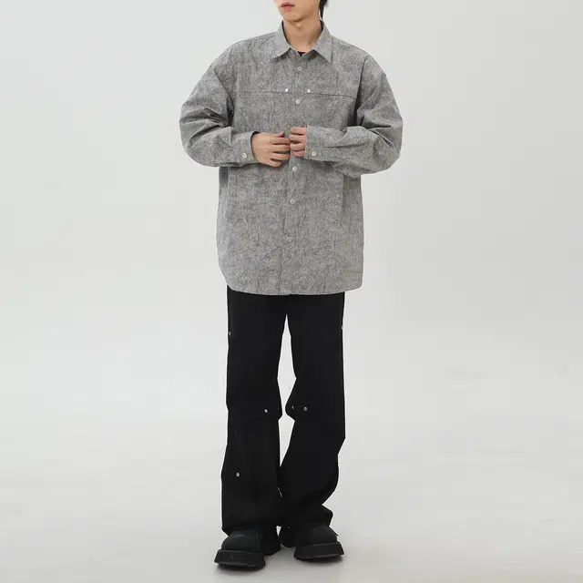 左岸 美式复古高街潮流百搭春秋休闲宽松上衣舒适透气扎染印花衬衣潮牌设计感翻领开衫薄款外套衬衫 男女同款