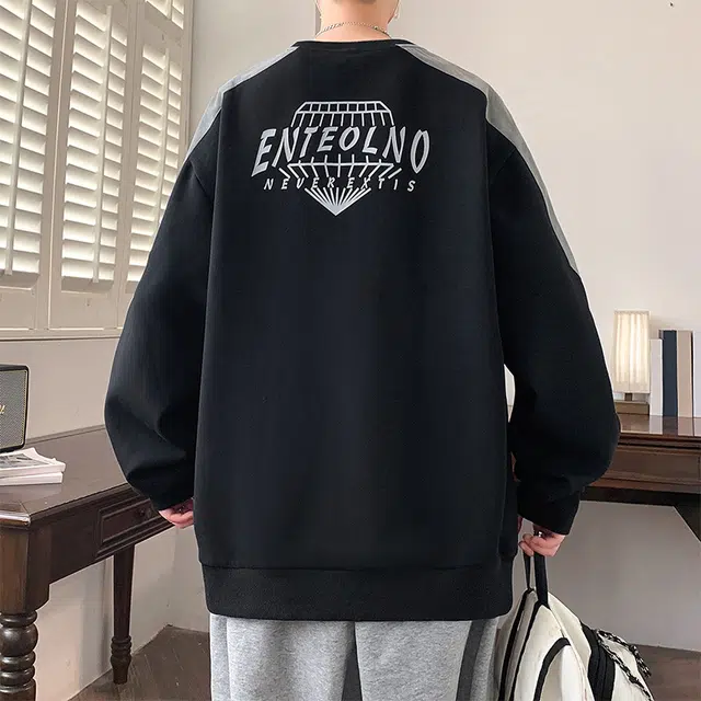 左岸 春秋青少年港风时尚潮牌休闲宽松简约撞色拼接字母印花长袖圆领上衣百搭帅气穿搭舒适加肥加大码外穿卫衣 男款