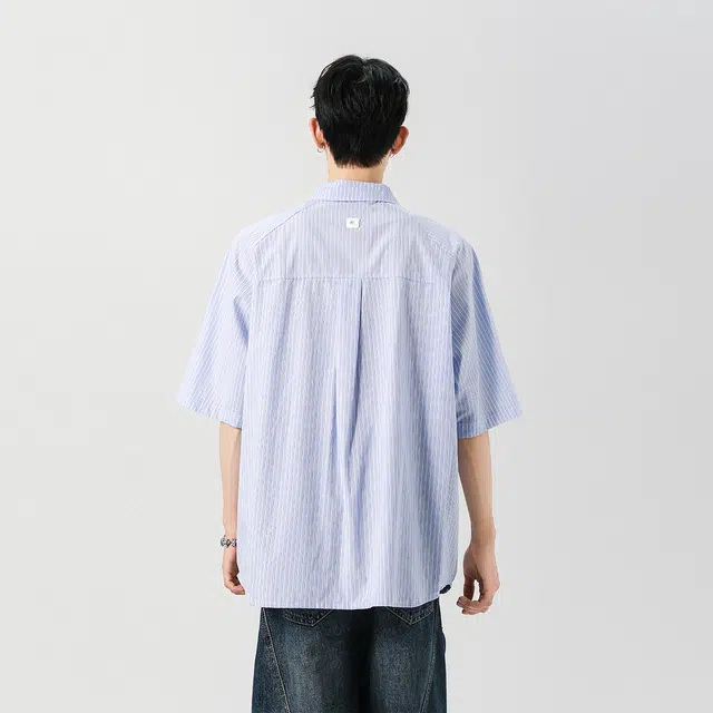 左岸 夏季港风条纹插肩袖绣花潮牌慵懒风痞帅宽松休闲短袖上衣衬衫 男款