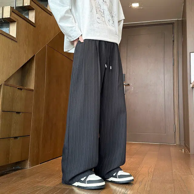 左岸 美式高街潮流百搭纯色提花肌理感条纹宽松显瘦直筒长裤柔软舒适轻便透气阔腿裤春秋季休闲裤 男款