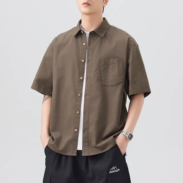 左岸 夏季棉麻透气短袖衬衣港风少年感翻领纯色简约休闲潮牌半袖痞帅上衣衬衫 男款
