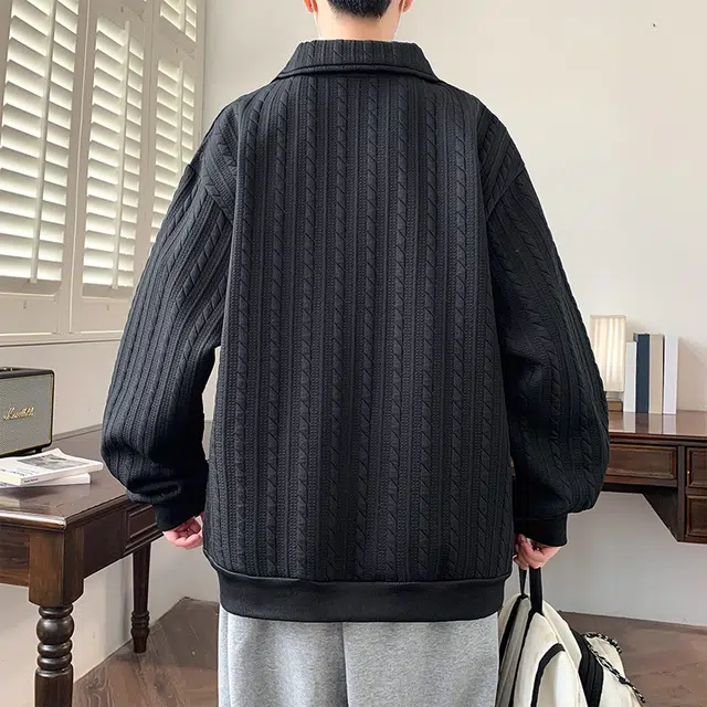 左岸 青少年港风时尚潮牌休闲宽松简约长袖翻领上衣百搭帅气穿搭舒适加肥加大码外衣提花肌理感春秋卫衣 男款