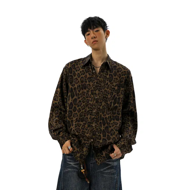 左岸 美式复古豹纹长袖上衣春秋季宽松休闲慵懒风小外套个性设计感衬衫 男女同款