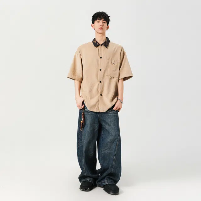 左岸 美式复古拼色潮牌慵懒风痞帅宽松休闲工装短袖衬衫 男款