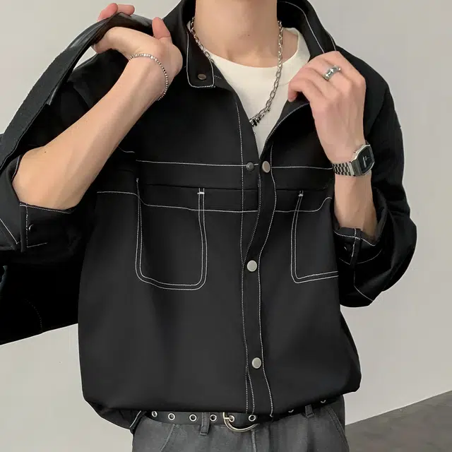左岸 春秋港风时尚潮流百搭开衫上衣休闲宽松舒适衬衣设计感明线插色老钱风衬衫 男款