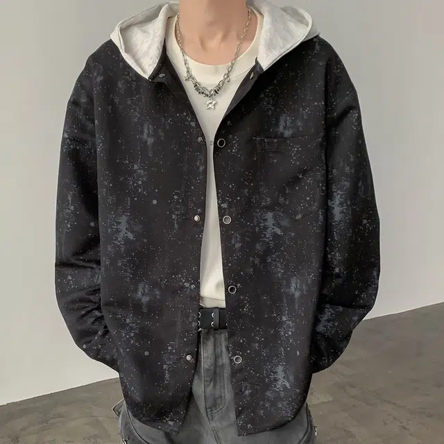 左岸 港风潮流百搭春秋连帽开衫泼墨印花上衣休闲宽松舒适衬衣潮牌老钱风衬衫 男款
