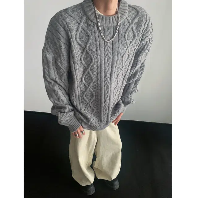 左岸 青少年港风潮牌休闲时尚宽松提花肌理高级感春秋圆领上衣保暖秋冬内搭打底衫毛衣 男款