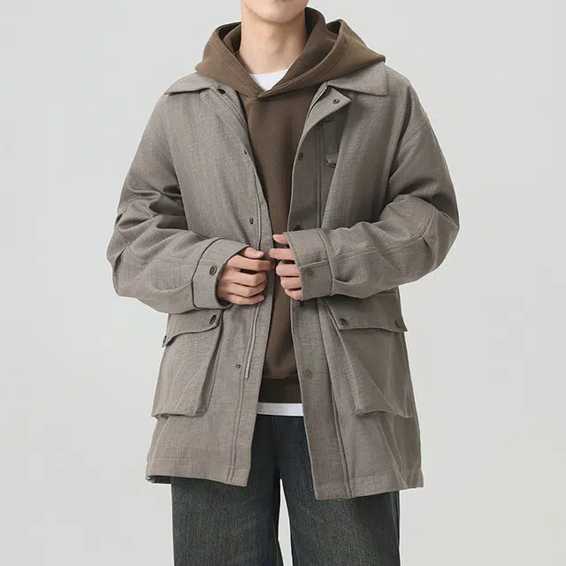 左岸 春秋季日系复古翻领中长款休闲宽松外套美式潮牌大衣风衣 男款