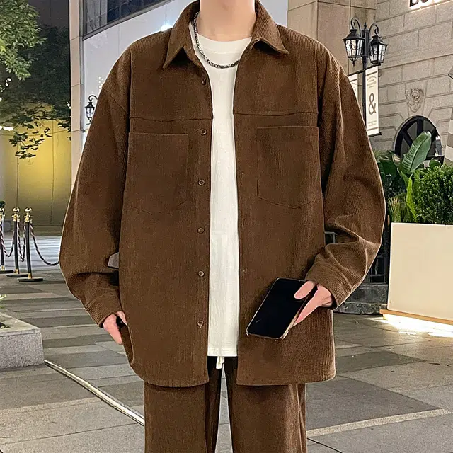 左岸 美式复古潮流百搭春秋休闲宽松舒适透气纯色灯芯绒衬衣潮牌设计感翻领开衫薄款外套衬衫 男款