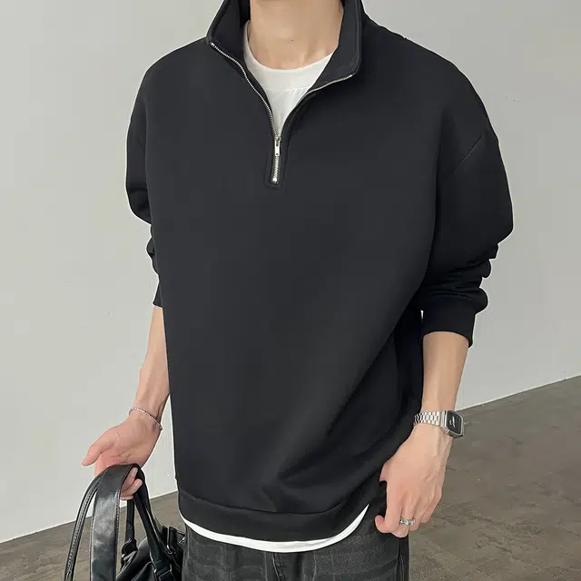 左岸 春秋青少年港风时尚潮牌休闲宽松简约长袖半拉链翻领上衣百搭帅气穿搭舒适加肥加大码撞色拼接假两件卫衣 男款