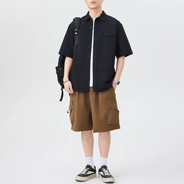 左岸 夏季轻薄纯棉透气日系少年感翻领纯色简约休闲短袖衬衫 男款