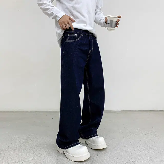 左岸 春秋原色阔腿裤微喇叭裤男宽松水洗复古休闲裤牛仔裤 男款