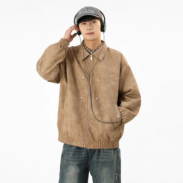 左岸 青少年美式时尚潮牌铆钉高街百搭开衫翻领上衣加肥加大码简约休闲宽松舒适春秋季夹克外套皮衣 男款