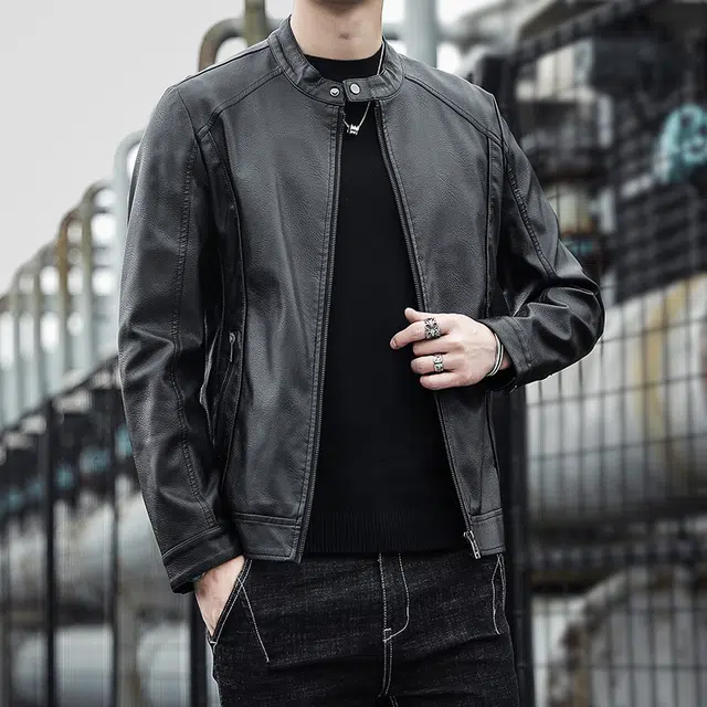 左岸 美式复古男士百搭机车服纯色气质加厚加绒外套舒适柔软设计立领保暖潮流休闲修身显高痞帅酷潮长袖上衣皮衣 男款