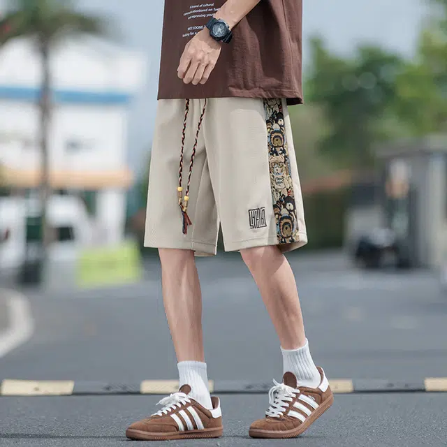 左岸 美式复古城市纯色侧边褶皱抽绳设计感简约休闲舒适宽松时尚个性工装短裤 男款