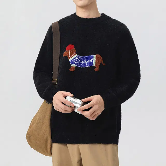 左岸 青少年港风潮牌休闲时尚高级感春秋上衣设计感小狗印花保暖秋冬内搭打底衫慵懒风针织衫 男款