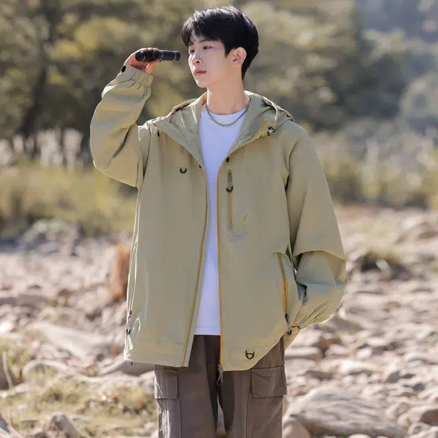 左岸 美式潮牌撞色拼接反光开衫带帽工装上衣宽松休闲舒适山系户外防水防风冲锋外套夹克 男款