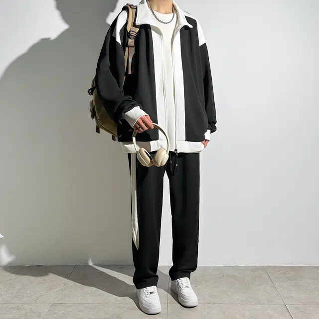 左岸 春秋百搭潮流宽松两件套青年时尚设计感拼接拼色开衫卫衣长裤一整套休闲运动套装 男款