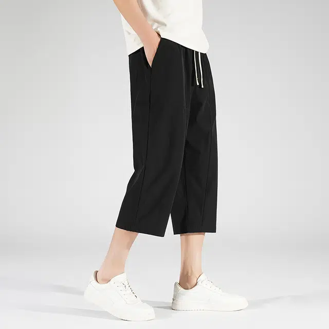 左岸 青少年学生速干运动裤子宽松大直筒纯色简约日系垂感柔软舒适七分裤显瘦空调裤休闲短裤 男款