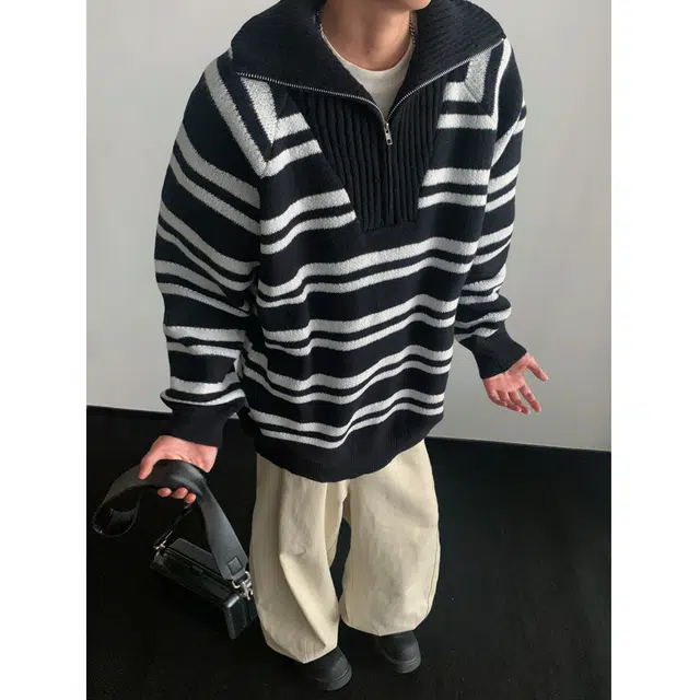 左岸 青少年港风潮牌休闲时尚宽松条纹高级感春秋翻领半拉链上衣保暖秋冬内搭打底衫毛衣 男款