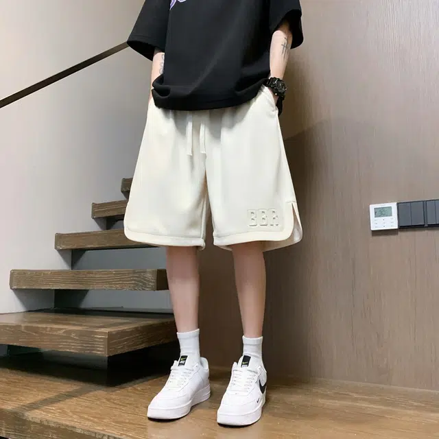 左岸 港风潮牌卫裤夏季薄款设计感字母印花简约宽松运动中裤百搭柔软舒适透气沙滩裤五分裤休闲短裤 男款
