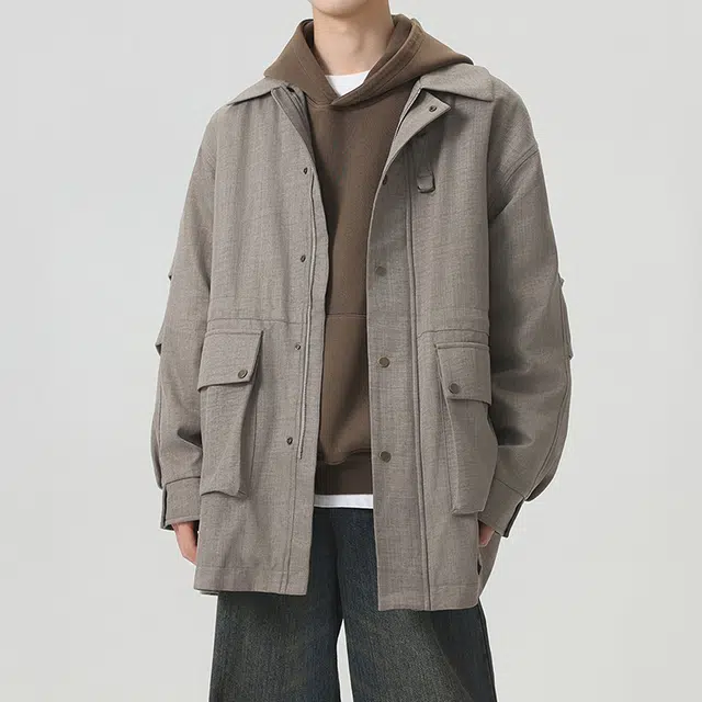 左岸 春秋季日系复古翻领中长款休闲宽松外套美式潮牌大衣风衣 男款
