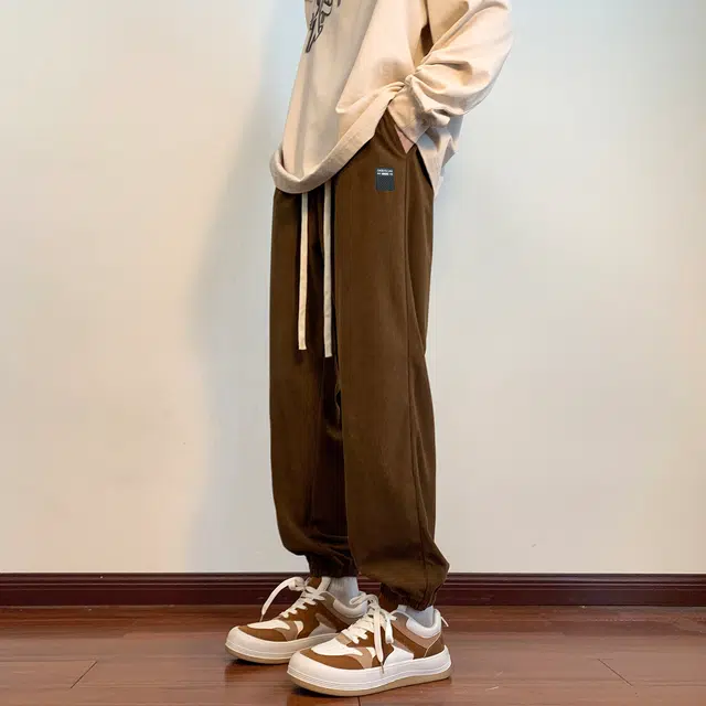 左岸 港风少年感帅气潮流灯芯绒印花卫裤加肥加大码宽松哈伦裤柔软舒适透气垂感轻便束脚裤长裤春秋休闲裤 男款